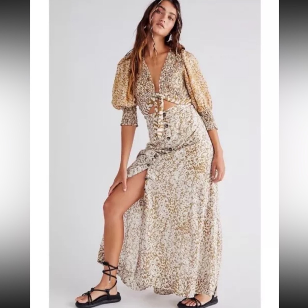 Free People String Of Hearts Maxi Dress Smocked Printed Buttondown Cutout NWD S